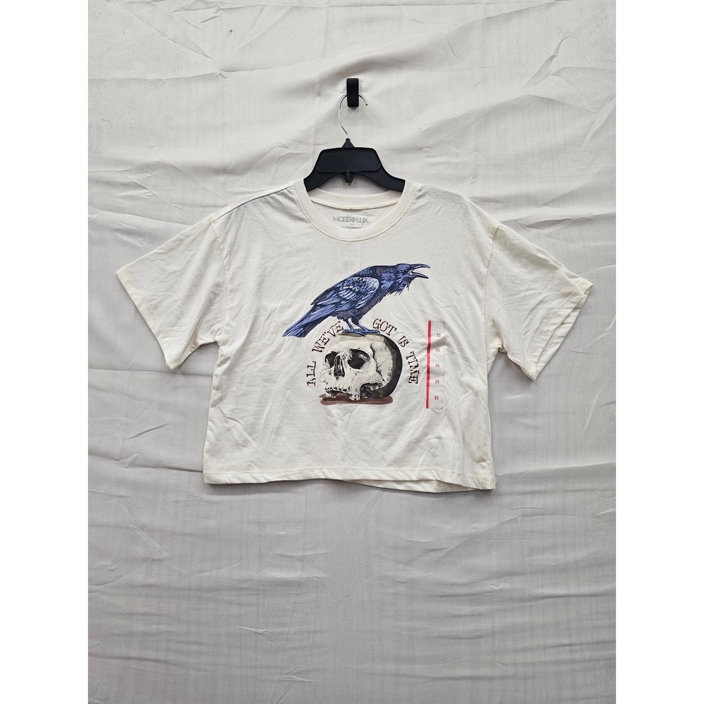 Modern Lux Womens Raven Skull Graphic Cropped T-Shirt White XS New JT27216
